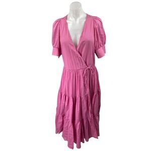 Rhode Womens Pink Short Puff Sleeve V-Neck A Line Tiered Wrap Midi Dress Size XS